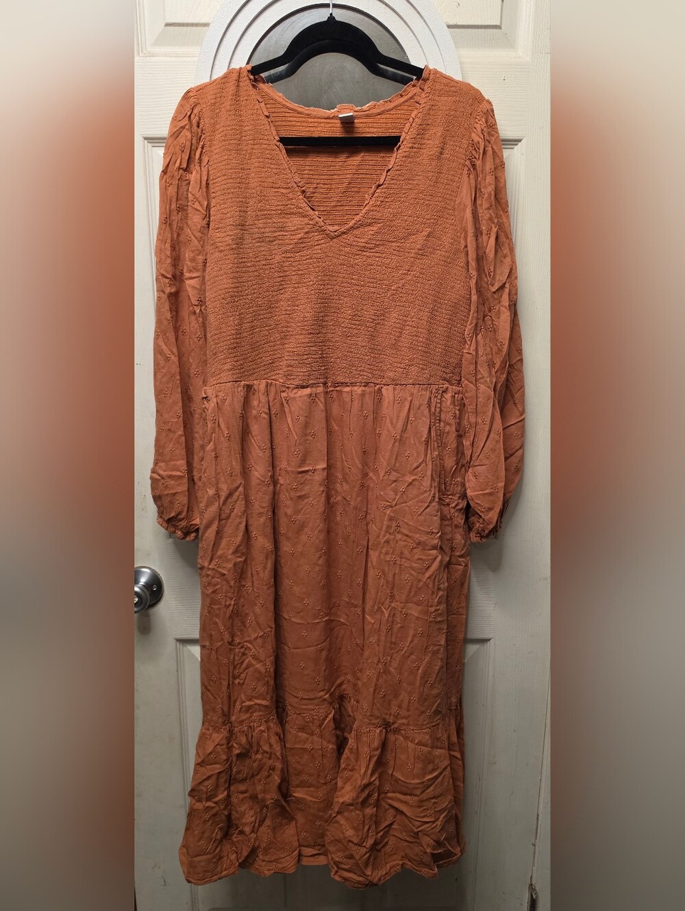 Old Navy Rust Orange V-Neck Tiered Long Sleeve Midi Dress